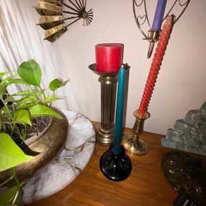 Elegant Brass Candle Holder - short brass with tall red candle